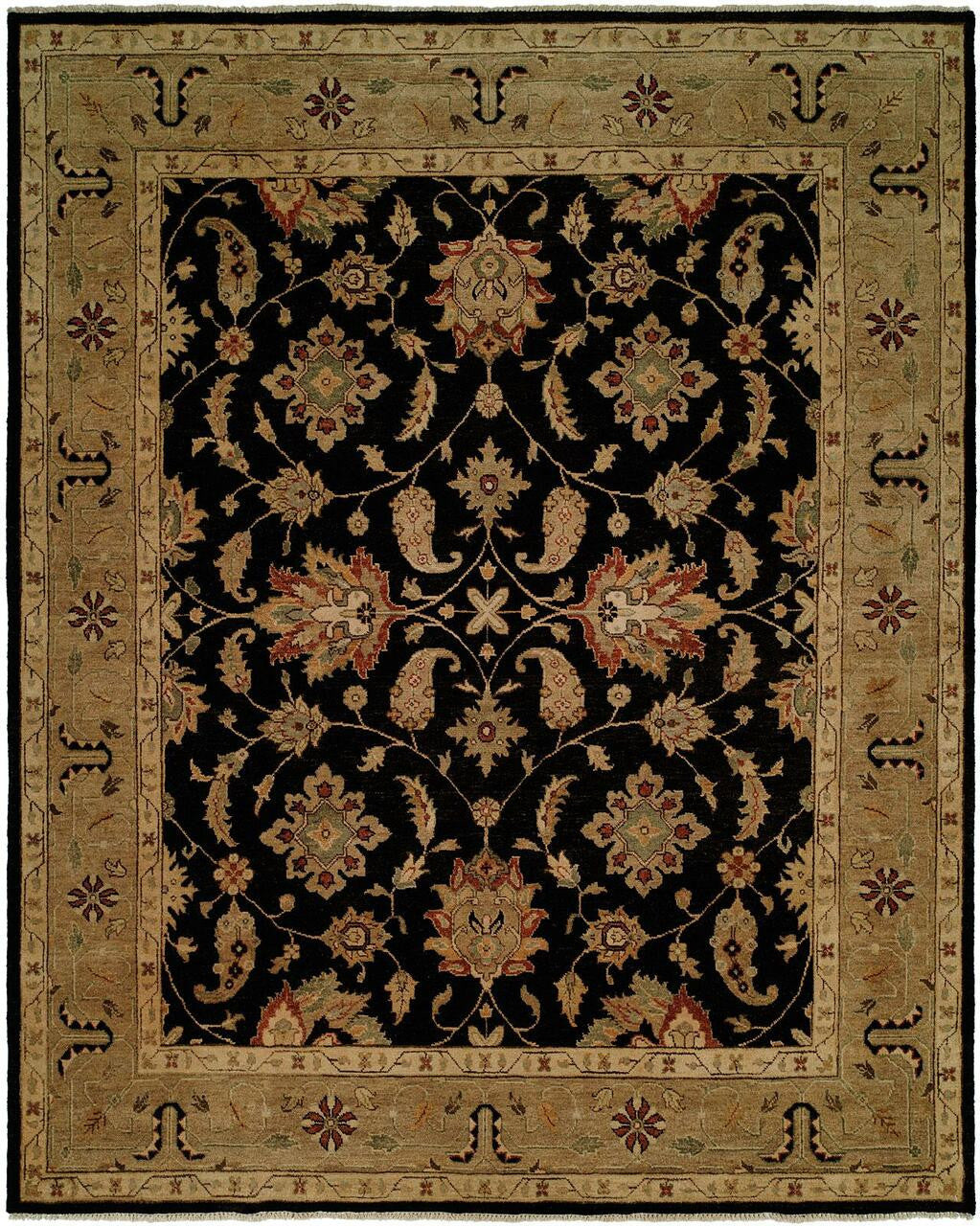 Traditional hand-knotted wool rug in black and gold, full view