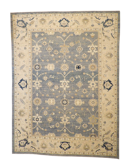 Oushak Chobi hand-knotted wool rug in Blue & Beige, full view