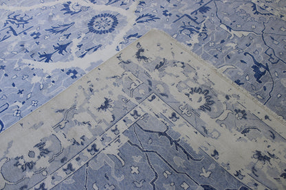 Transitional Abstract Distress Design hand-knotted wool-silk rug in Blue & White, full view