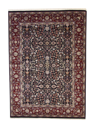 Traditional Fine Heraki hand-knotted wool-silk rug in Blue & Red, full view