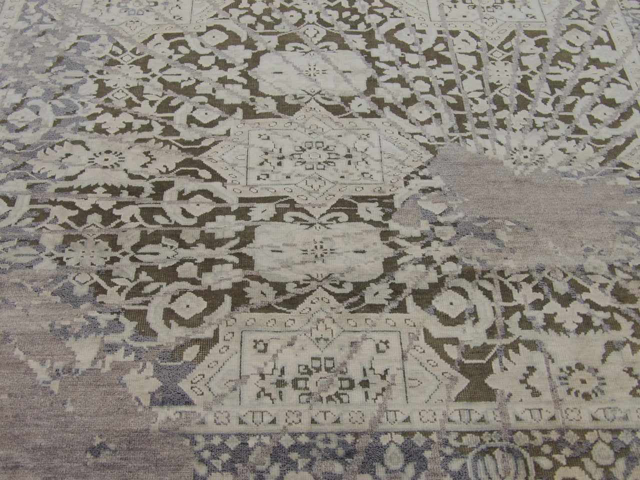 Wool-silk texture close-up, beige and purple oxidized rug