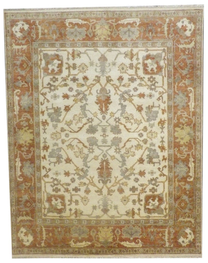 Turk Oushak Natural Dye hand-knotted wool rug in Beige & Rust, full view