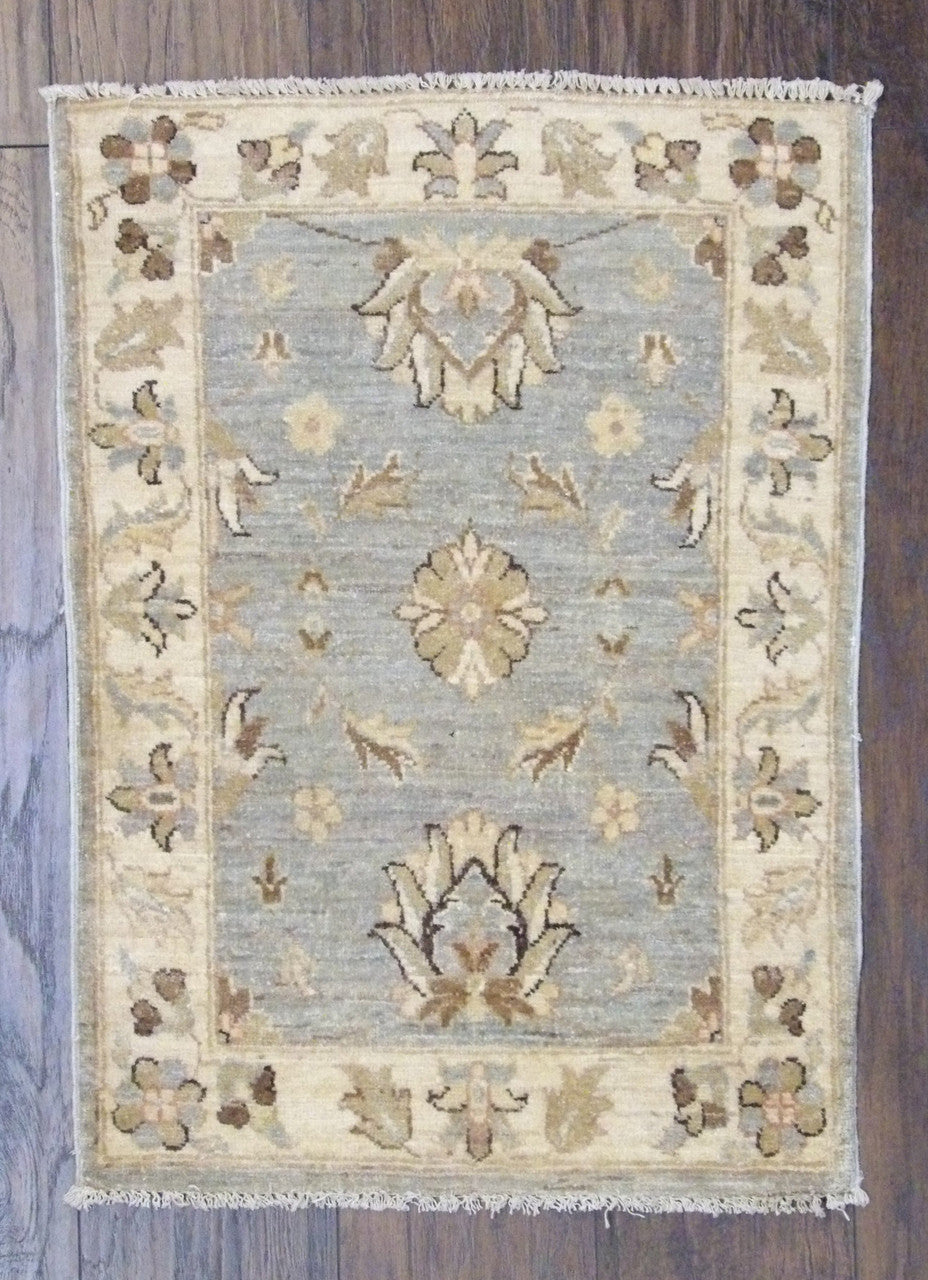 Oushak Chobie natural dye hand-knotted wool rug in beige and blue, full view