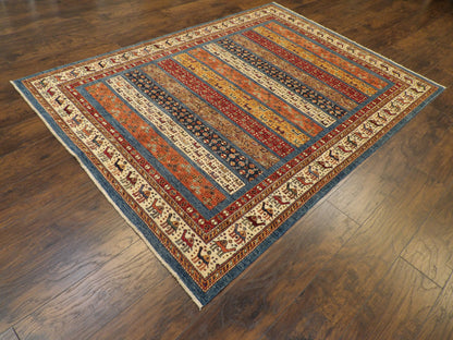 Khorasan tribal pattern detail, blue and ivory rug