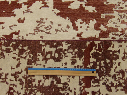 Full room view of modern abstract mosaic hand-knotted rug