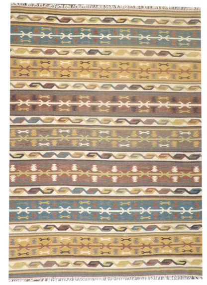 Coastal flat-weave hand-knotted wool rug in gold and green, full view