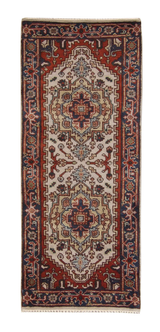 Tribal Indo Heriz hand-knotted wool rug in Beige, full view