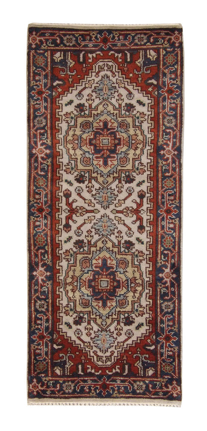 Tribal Indo Heriz hand-knotted wool rug in Beige, full view