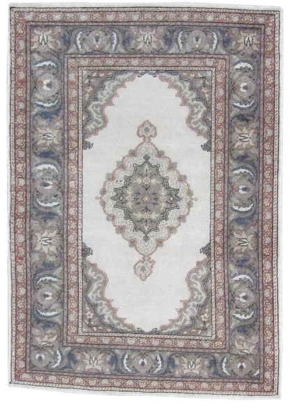 Antique Oushak hand-knotted wool rug in gray and rust, full view