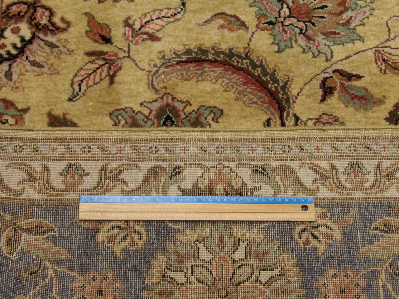 Gold & Purple Fine Kashan Tie Dye rug in room setting