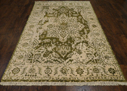 Close-up of wool-silk pile, green and ivory rug