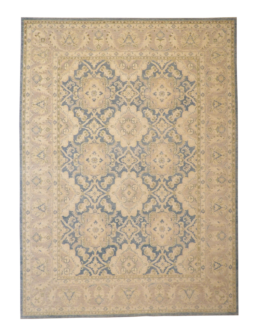 Oushak Chobi hand-knotted wool rug in Blue & Beige, full view