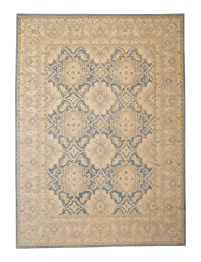 Oushak Chobi hand-knotted wool rug in Blue & Beige, full view