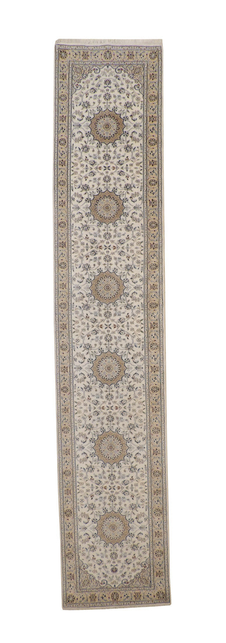 Traditional Fine Nain hand-knotted wool-silk rug in Beige, full view