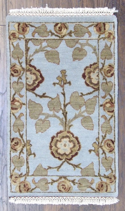 Tree Of Life Lotus Design hand-knotted wool rug in Blue & Beige, full view