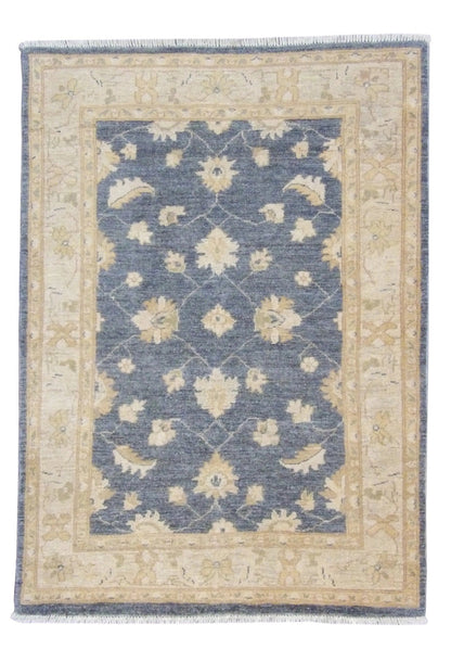 Chobi hand-knotted wool rug in gray and ivory, full view