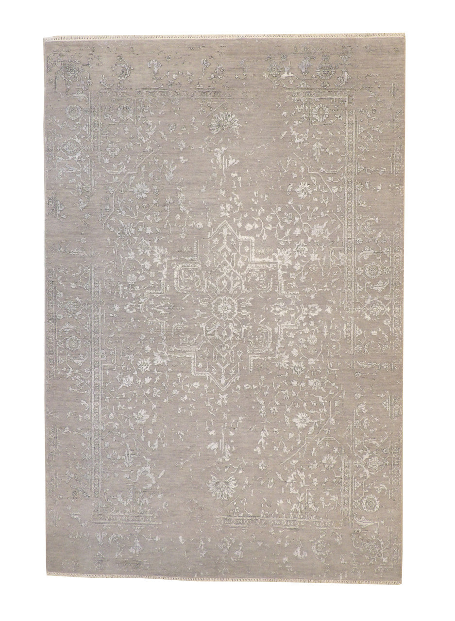 Transitional Broken Heriz Design hand-knotted wool-silk rug in Blue & Gray, full view