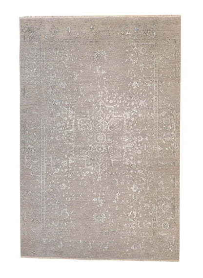 Transitional Broken Heriz Design hand-knotted wool-silk rug in Blue & Gray, full view
