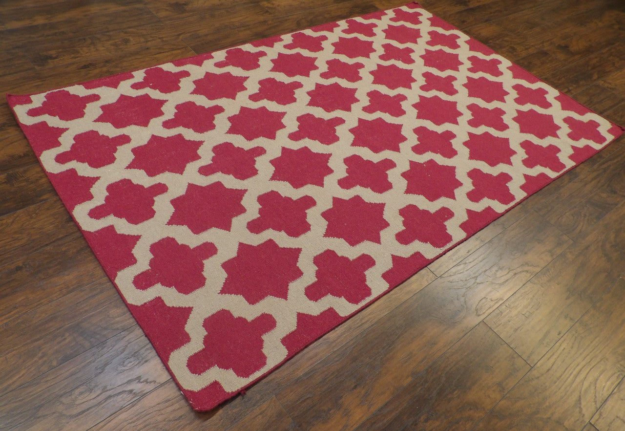 Coastal flatweave hand-knotted wool rug in Beige, 5'0" x 8'0", SKU W826