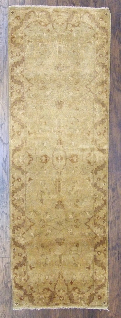 Turkish Oushak hand-knotted wool runner in brown and gold, full view
