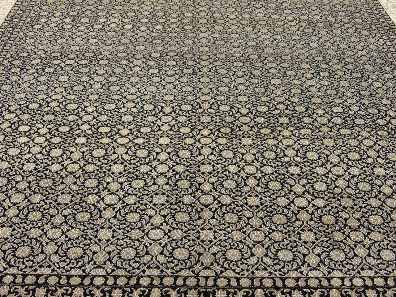 Wool-silk texture close-up, black and white Mir rug
