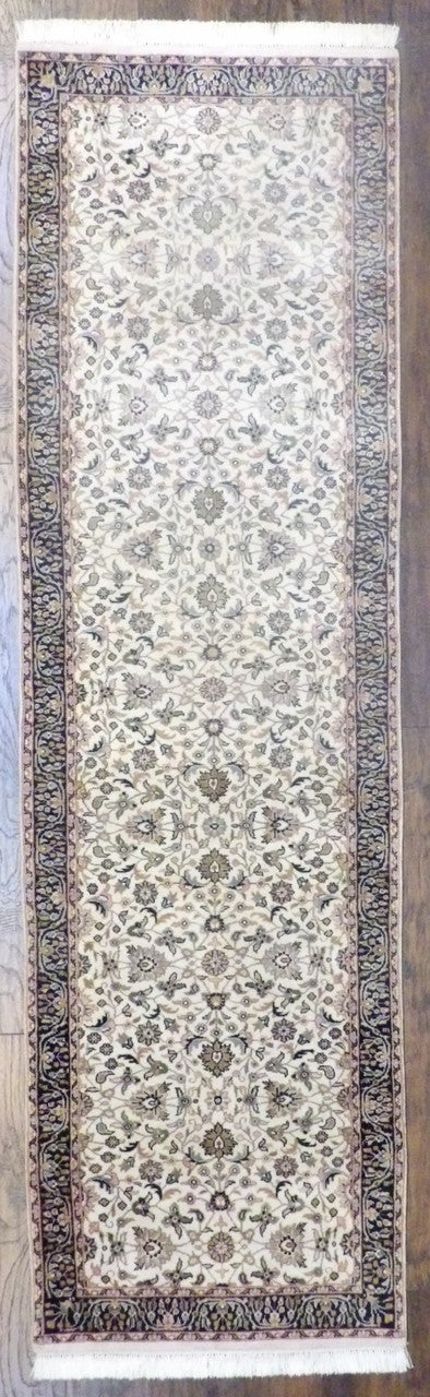 Fine Persian Kashan hand-knotted wool runner in blue and ivory, full view
