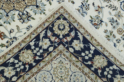 Traditional Fine Nain hand-knotted wool rug in Blue & Beige, full view