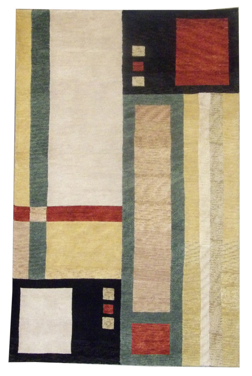 Modern Carved Geometrical Design hand-knotted wool rug in Beige & Red, full view