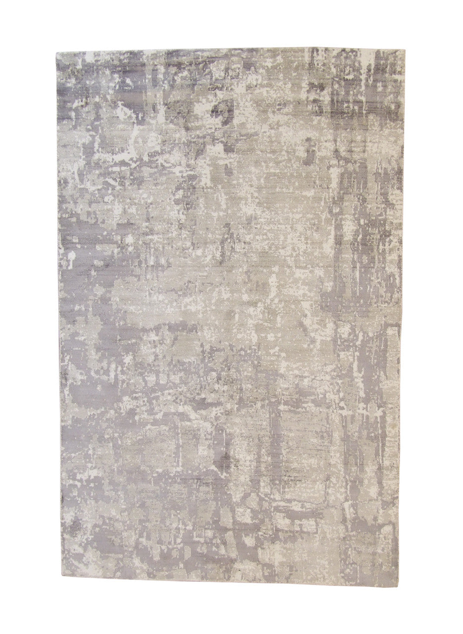 Modern Abstract Design hand-knotted silk rug in Multi-Color & White, full view