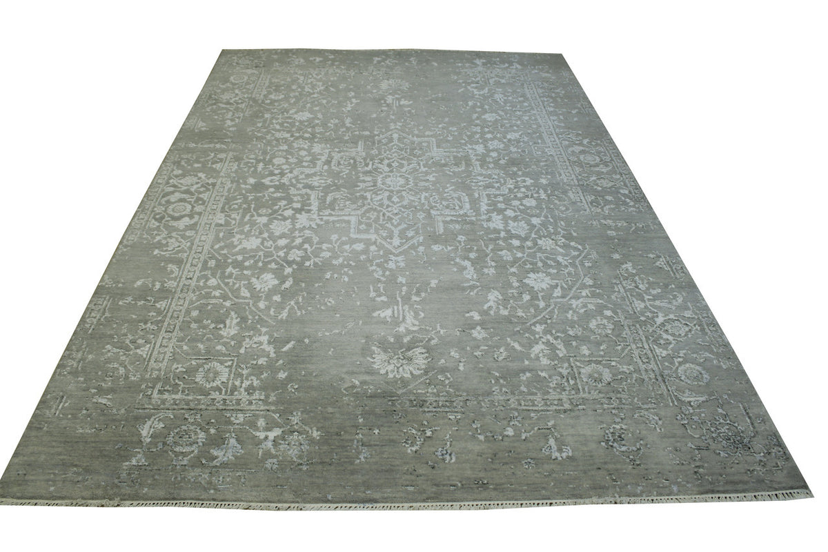 Close-up of wool-silk pile, Blue & Gray rug