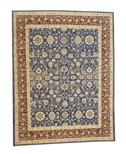 Oushak Chobi hand-knotted wool rug in Blue & Red, full view