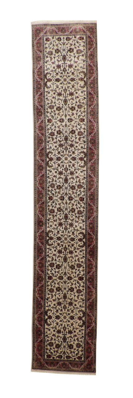 Traditional Indo Mashad hand-knotted wool rug in Beige & Pink, full view