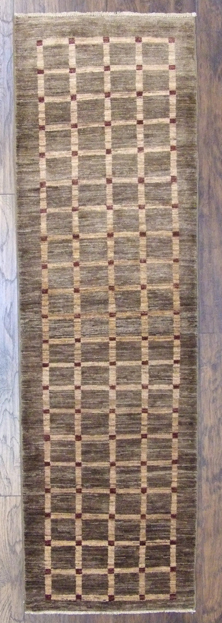 Modern Gabbeh hand-knotted wool rug in Brown & Red, full view