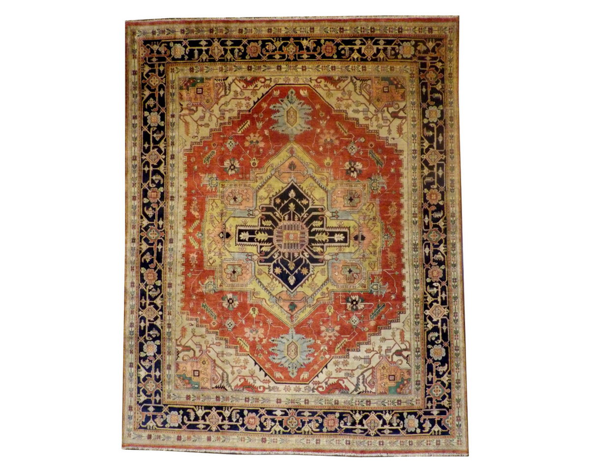 Tribal Heriz antique wash hand-knotted wool rug in blue and rust, oversized full view