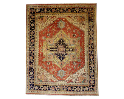 Tribal Heriz antique wash hand-knotted wool rug in blue and rust, oversized full view
