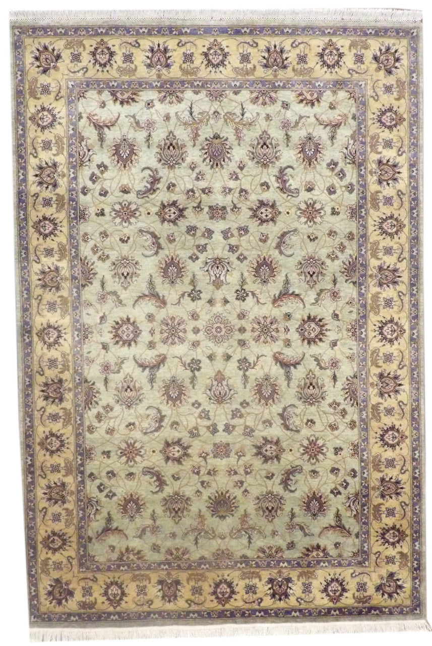 Fine Ziegler tie-dye hand-knotted wool rug in green and purple, full view