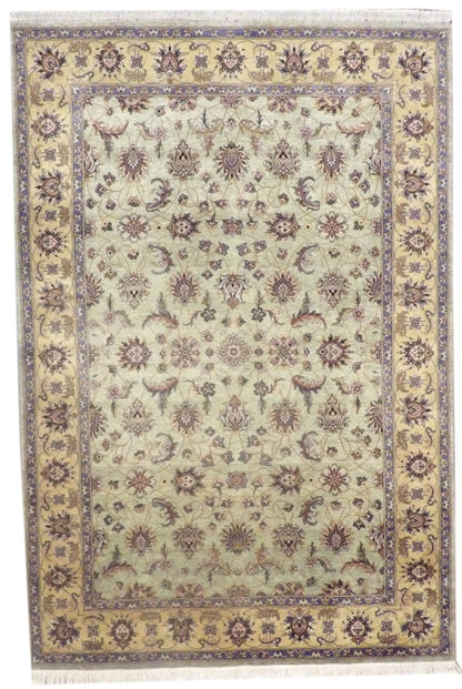 Fine Ziegler tie-dye hand-knotted wool rug in green and purple, full view