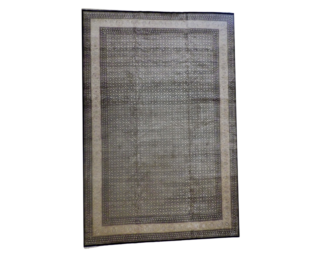 Fine Persian Herati Mir hand-knotted wool-silk rug in black and beige, palatial size, full view