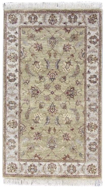Agra Ziegler hand-knotted wool rug in green and gray, full view