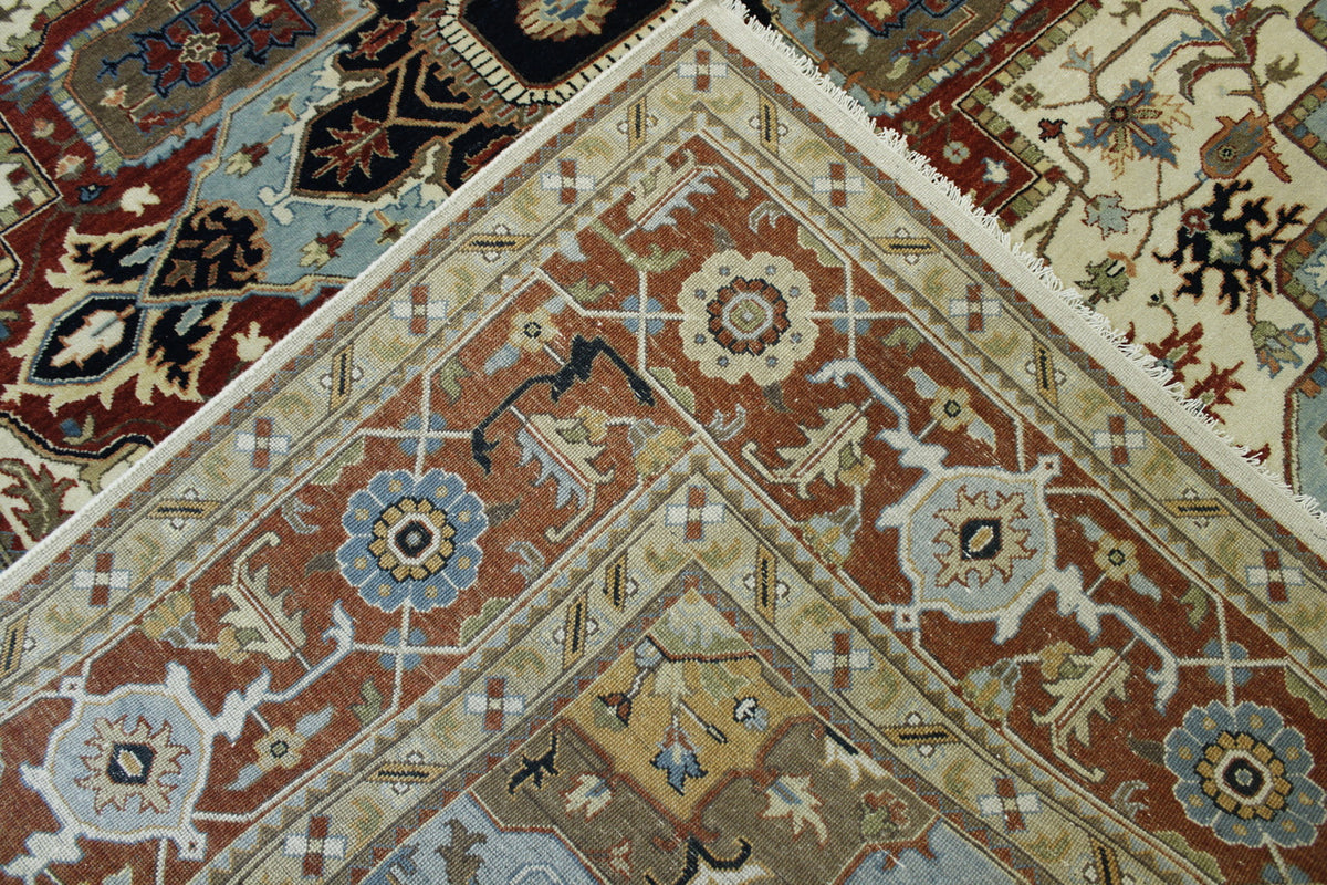 Traditional Fine Sherapi hand-knotted wool rug in Beige & Rust, full view
