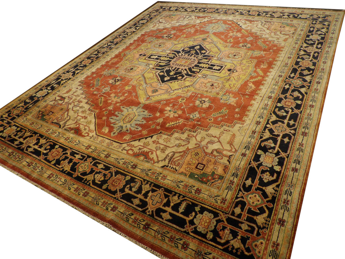 Heriz medallion pattern detail, blue and rust antique wash rug