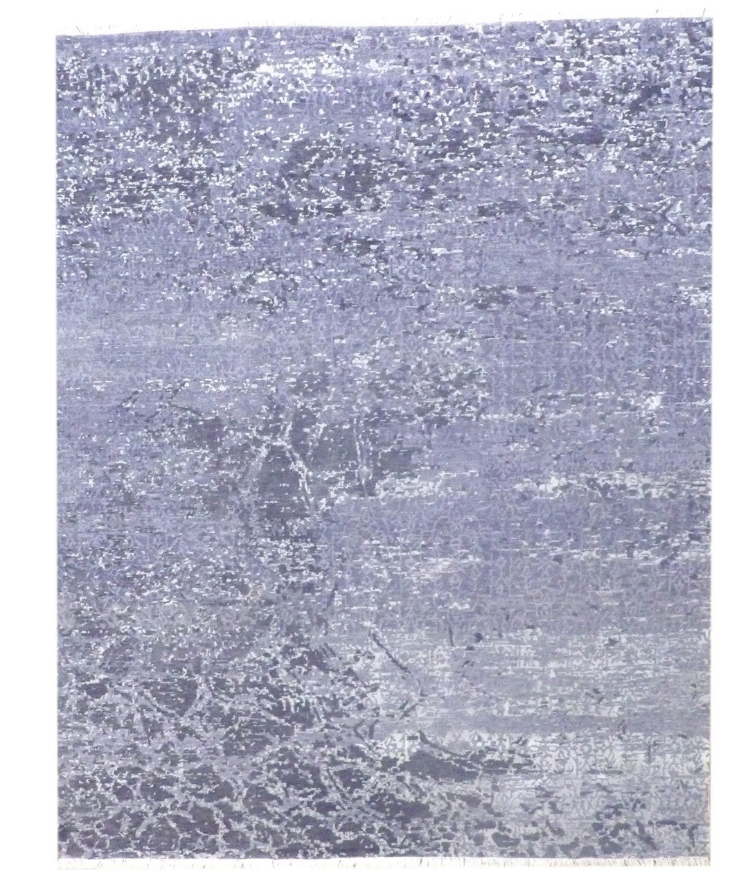 Modern oxidized broken mosaic carved hand-knotted wool-silk rug in black and gray, full view