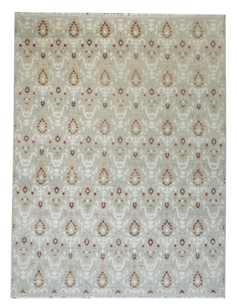 Transitional Oushak Ikat hand-knotted wool rug in blue and red, full view