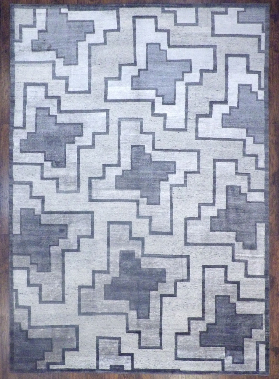 Modern Geometrical hand-knotted wool-silk rug in Black & Gray, full view