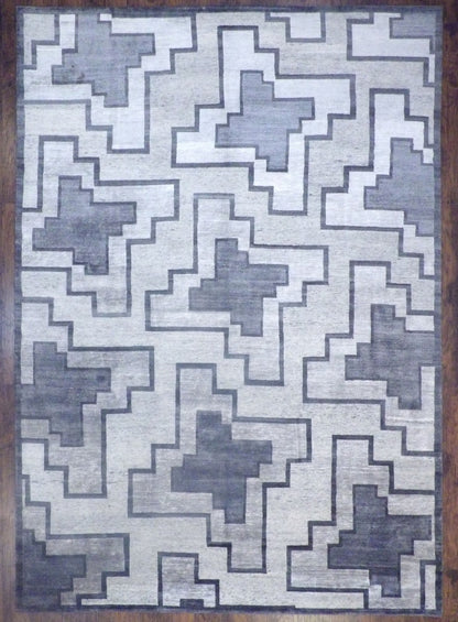 Modern Geometrical hand-knotted wool-silk rug in Black & Gray, full view