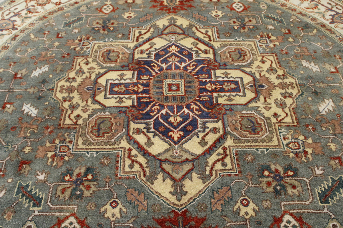 Close-up of wool pile, Green & Beige rug