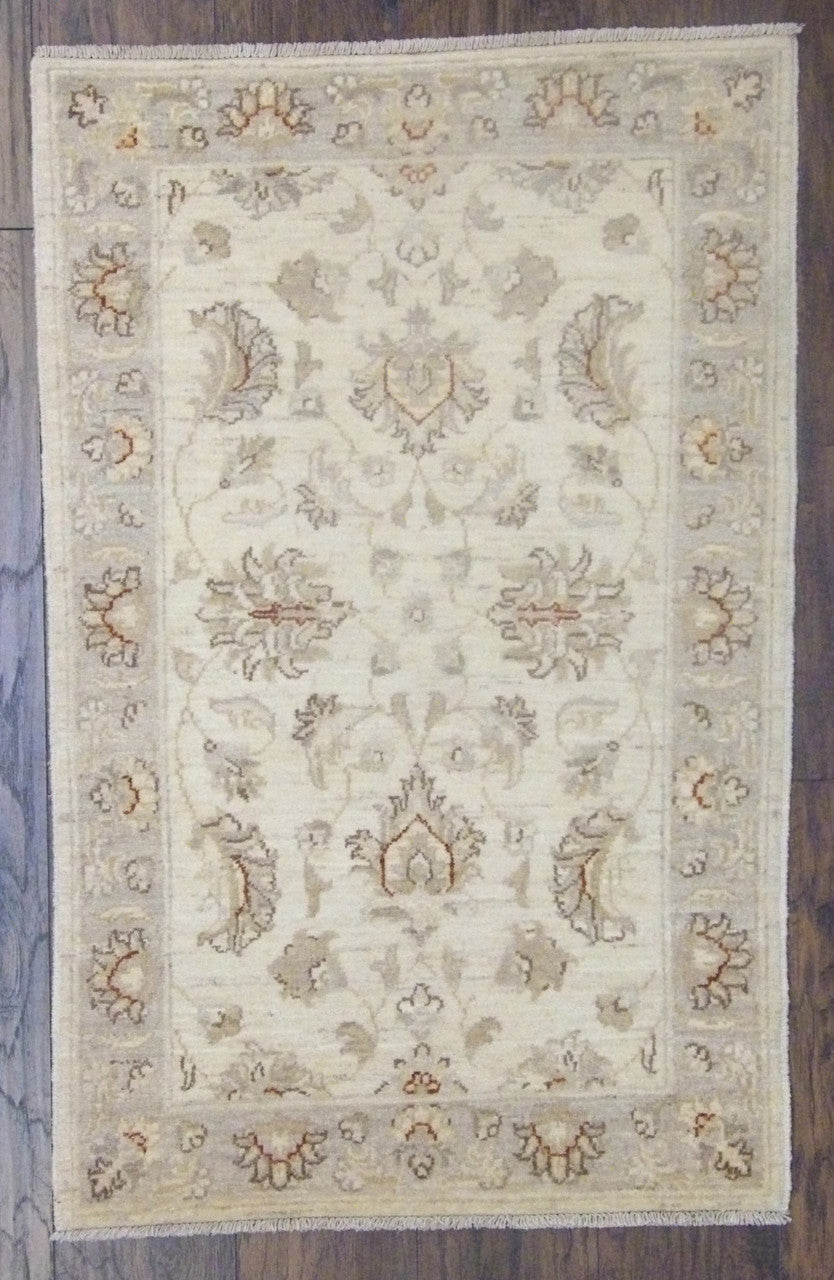 Oushak Chobie hand-knotted wool rug in beige and blue, full view, 2x4