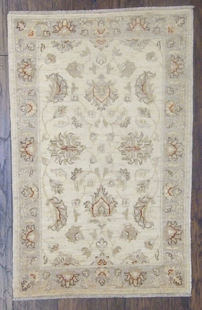 Oushak Chobie hand-knotted wool rug in beige and blue, full view, 2x4