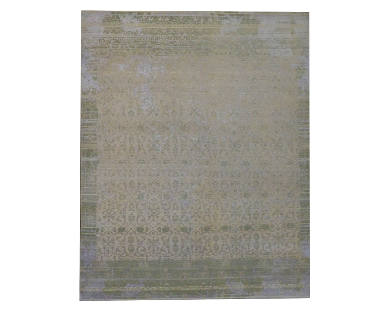 Vintage Erase Design Low Pile hand-knotted wool-silk rug in Green & Purple, full view