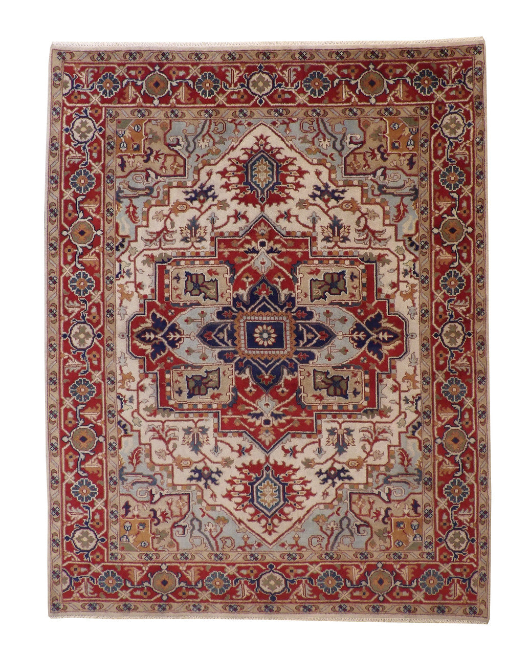 Tribal Heriz hand-knotted wool rug in Beige & Red, full view